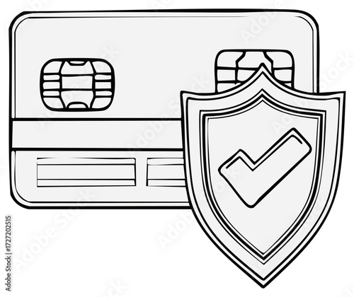 Digital payment security concept credit card with shield and checkmark icon in sketch style