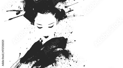 Grunge ink painting of a traditional Japanese geisha with kimono in expressive brush art style