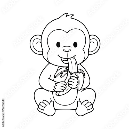 A cheerful monkey happily munching on a banana while sitting comfortably, showcasing a playful and cute demeanor.