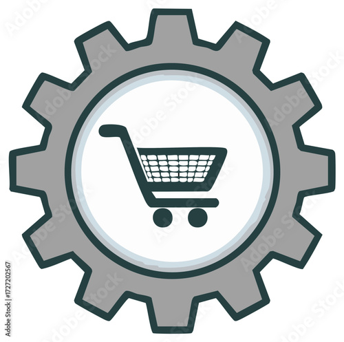 Shopping cart icon inside a gear, symbolizing commerce and industry