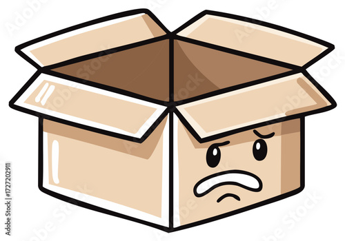 Cartoon illustration of a sad and worried empty cardboard box character, expressing disappointment or concern