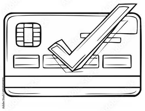 Approved Credit Card Transaction with Checkmark Symbol Line Art Illustration