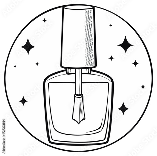 Line art nail polish bottle with application brush and lid in round frame
