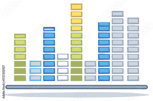 Colorful music equalizer with fluctuating sound bars. Hand drawn vector illustration of an audio spectrum analyzer.