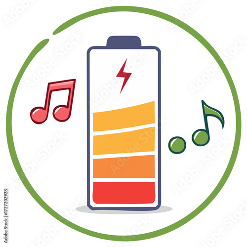 Battery charging icon with music notes symbolizing power and energy for audio playback