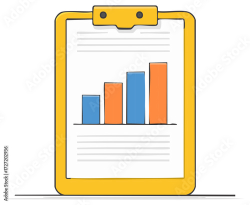 Clipboard displays upward trending bar graph with text documents