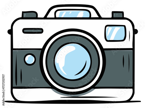 Cartoon Photo Camera Illustration with White Body and Blue Lens Details