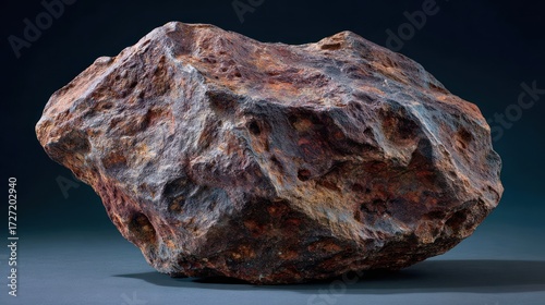 Detailed close up of a textured meteorite against dark backdrop