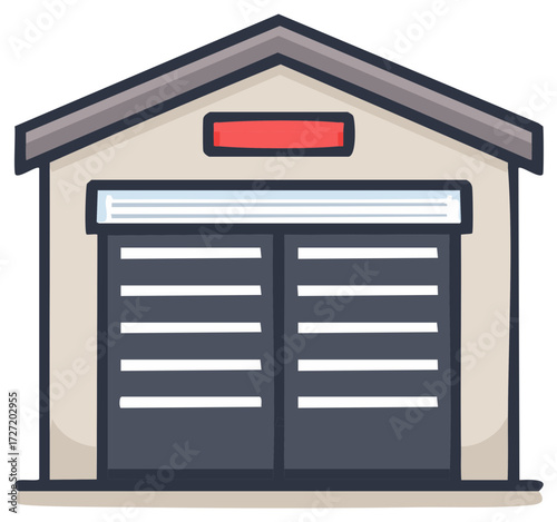 Cartoon illustration of a warehouse or storage building with a roll-up door.