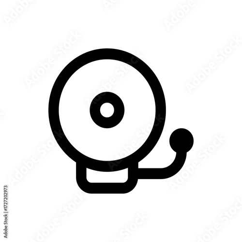 A minimalist black and white icon depicting a circular bell with a clapper attached to the right side view