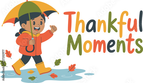 Child with umbrella walking in puddles with autumn leaves