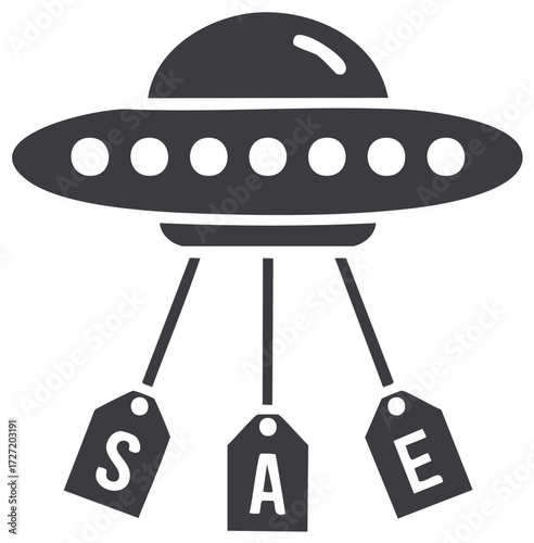 Flying Saucer Abduction of Sale Tags Icon Black and White Illustration