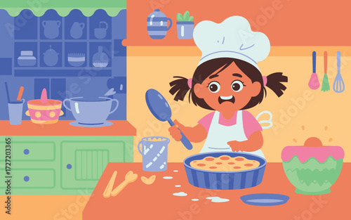 Cartoon girl in chef hat baking pie in kitchen child