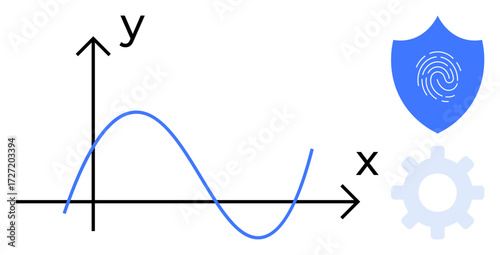 Line graph with axes, shield with fingerprint icon, and gear. Ideal for data analysis, cybersecurity, technology, statistics, information systems innovation and reliable solutions. Simple flat