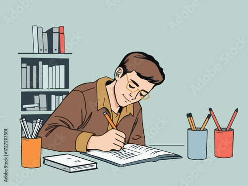 Vector illustration of a boy studying at a desk. Student doing homework, reading books, and learning education concept artwork.