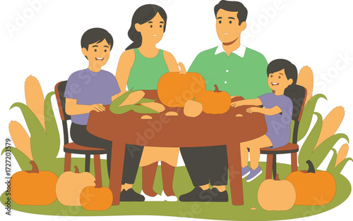 Family gathered around table with pumpkins and corn