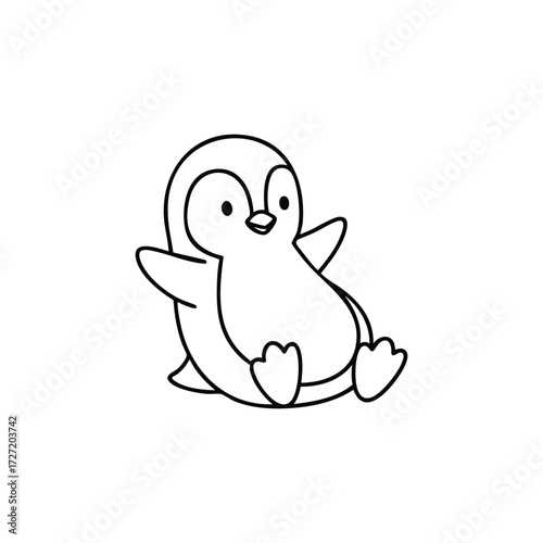 A cheerful cartoon penguin character sitting with its flippers outstretched, exuding a playful and friendly vibe.