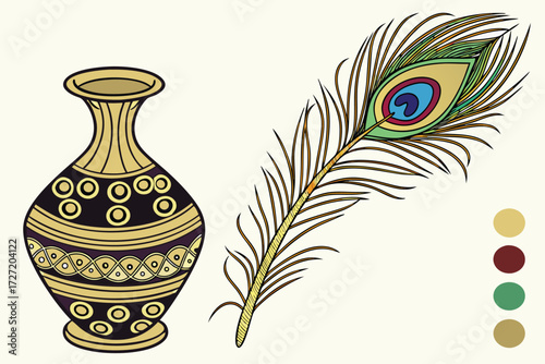  a golden vase with a peacock feather, highly detailed, 8k, digital art, vibrant colors, 3d render