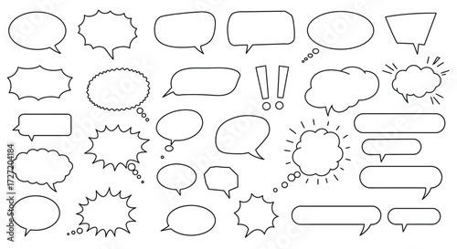 A diverse collection of empty comic book speech bubbles and dialogue balloons. Hand-drawn thought clouds set in a simple line art style for manga and cartoons