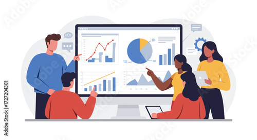 Dynamic team analyzing business data charts for strategic growth, discussing insights and planning for success in a collaborative modern workspace environment