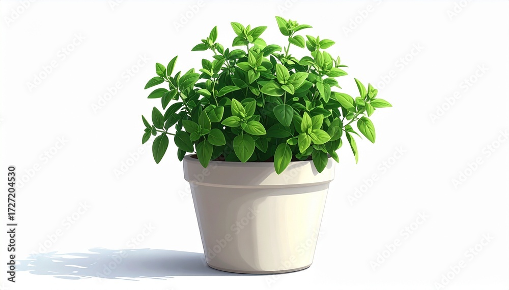 Fototapeta premium A potted basil plant with wide fresh leaves realistic organic texture white background with natural shading 