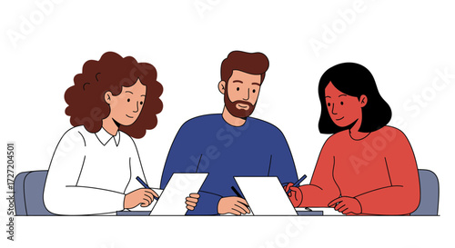 Professional business team collaborates signing contracts, sealing deals, and driving growth in a dynamic workspace setting for successful partnerships