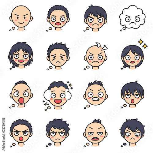 Exploring a wide spectrum of human emotions and distinct facial expressions, depicted by expressive cartoon characters showcasing various feelings, reactions, and psychological states