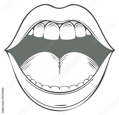 Open mouth illustration with visible teeth, tongue, and uvula in a monochrome sketch style for medical or educational use