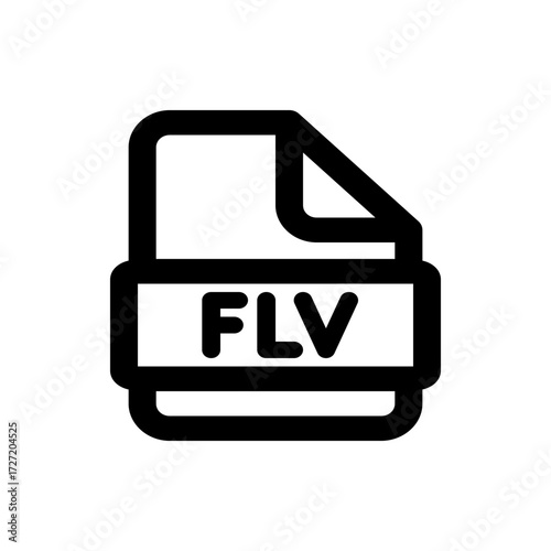 A simple black and white icon of an flv file format with a folded corner on a white background square image