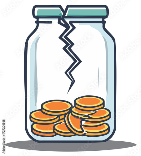 Broken glass jar with gold coins symbolizing financial crisis and economic hardship