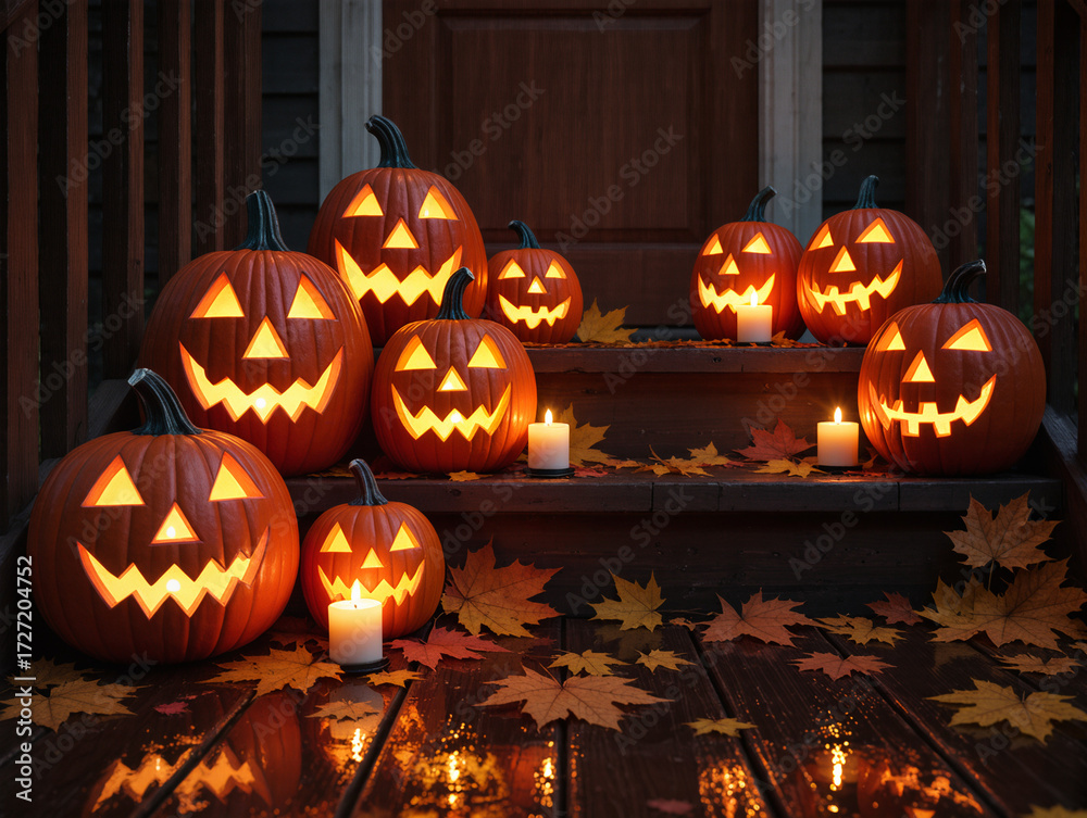 Fototapeta premium Sinister Totem Pumpkins – Halloween Stack of Shadows.