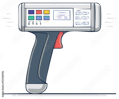 Illustration of an isolated color measuring tool, with a red trigger, and color swatches displayed