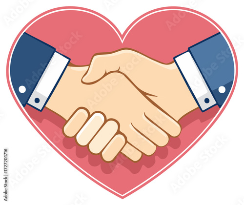 Cartoon handshake within pink heart shape showcasing agreements or partnerships