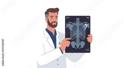Caring doctor reviewing X-ray for medical diagnosis, providing patient care and treatment plans with compassion, reflecting expertise in healthcare field