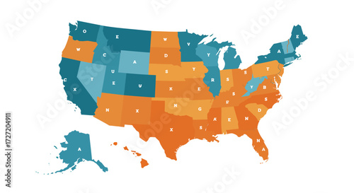 Dynamic data visualization of the United States map illustrating a distribution across various states with distinct color coding for easy interpretation of geographic trends and statistical analysis
