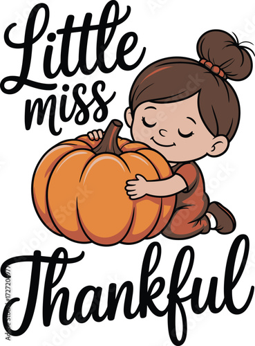 Cartoon girl hugging pumpkin with thankful text child