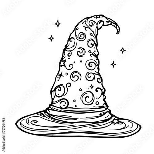 Black cartoon witch hat vector illustration for a Halloween holiday celebration design