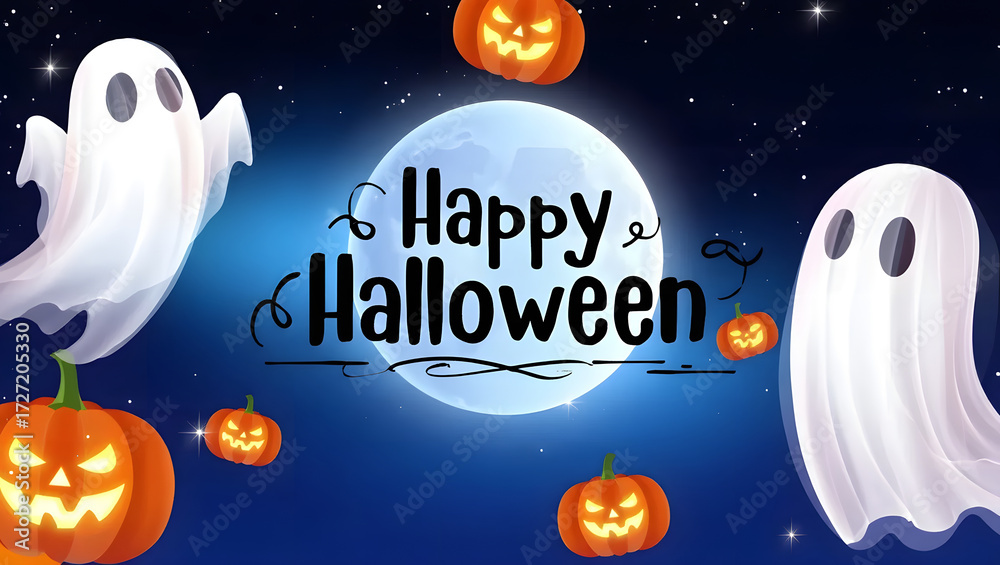 Fototapeta premium Happy Halloween Witch Flying on Broomstick with Full Moon Background