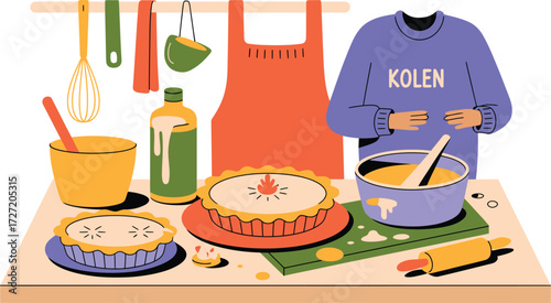Person baking pies with kitchen utensils and ingredients