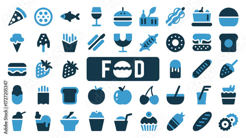 A Collection of Blue and Dark Blue Food and Drink Icons on a White Background vector illustration