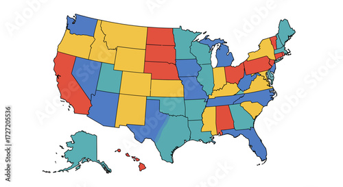 Infographic vector illustration of a USA map with states categorized by different colors for data visualization, statistics, or demographics