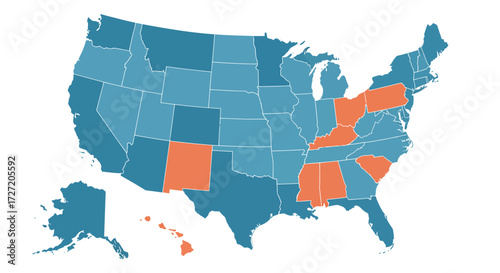 Data visualization of the United States map, showcasing states highlighted in contrasting colors to represent various regional data for analytical insights