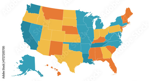 Data visualization map of the United States with states categorized by color, illustrating a national statistical comparison or divide