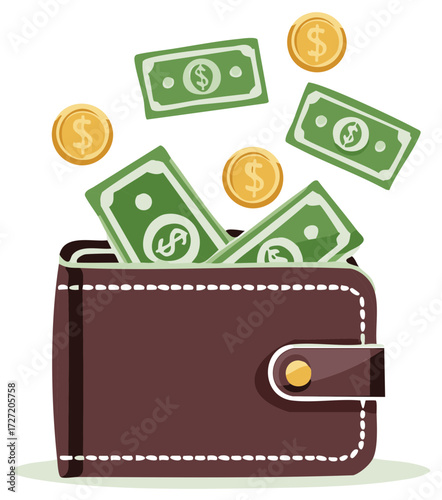 Brown Leather Wallet Overflowing With Cash and Falling Coins