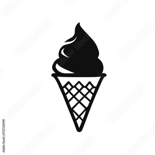 A colorful vector illustration of a delicious, cold ice cream cone dessert with chocolate and vanilla flavors, isolated on a white background, serves as a delightful icon