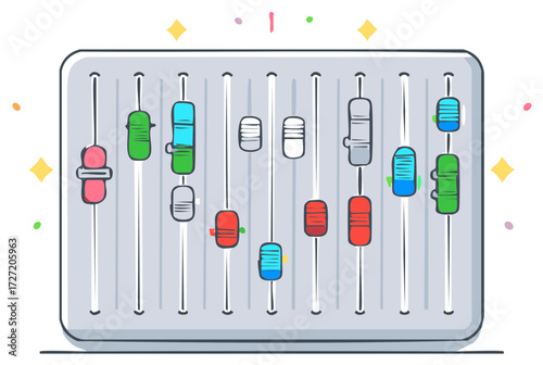 Colorful audio mixer console with faders for adjusting sound levels creative doodle illustration