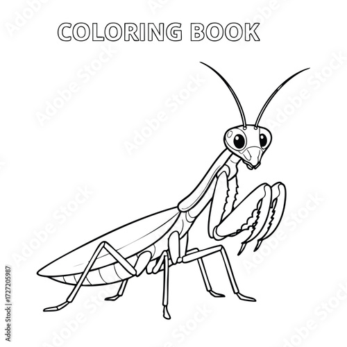 A detailed black and white depiction of a praying mantis, designed for coloring activities and creative expression.