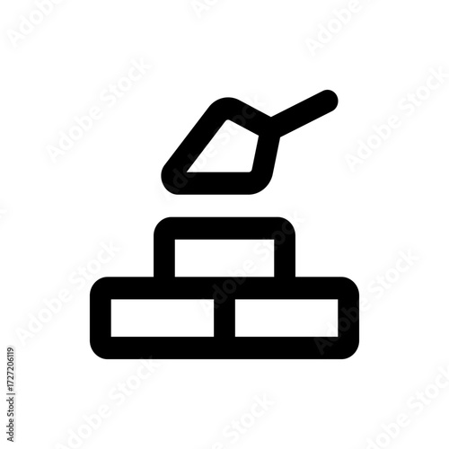 A simple black and white icon depicting a trowel placing mortar on a stack of three bricks in outline style