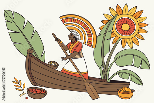  Brightly colored, traditional Indian dancer wearing ornate headdress, holding ceremonial wooden boat, surrounded by banana leaves, sunflower, and spices