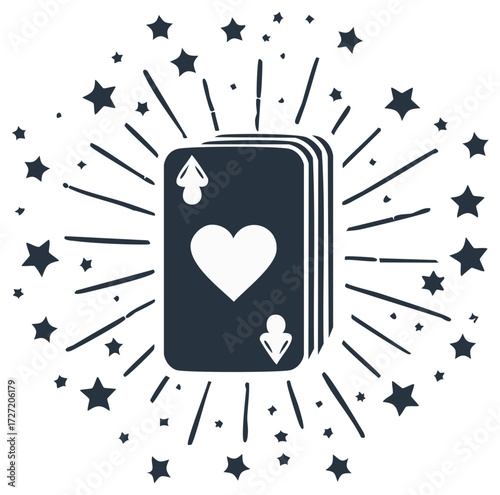 Illustrative stack of playing cards ace of hearts symbol surrounded by dynamic stars and rays depicting luck and success